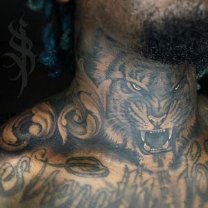Neck tattoo by Angel Rose #AngelRose #darkskintattootips #darkskintattoo #tiger #filigree #cat #junglecat #necktattoo
