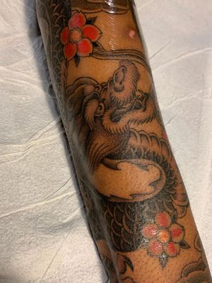 Dragon tattoo by Miranda Larson #MirandaLarson #darkskintattootips #darkskintattoo #dragon #cherryblossom #japanese