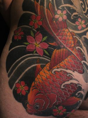 Tattoo by Soren Sangkuhl #SorenSangkuhl #japanese #neojapanese #koi #cherryblossom #waves #fish