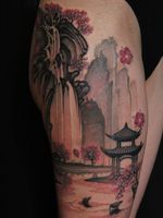 Tattoo by Soren Sangkuhl #SorenSangkuhl #japanese #neojapanese #pagoda #cherryblossoms #landscape #nature