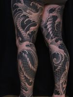 Tattoo by Soren Sangkuhl #SorenSangkuhl #japanese #neojapanese #snake #waves #blackandgrey #legsleeve
