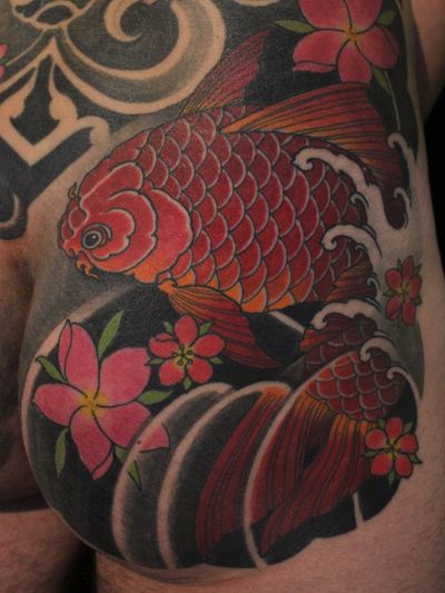 Tattoo by Soren Sangkuhl #SorenSangkuhl #japanese #neojapanese #koi #cherryblossom #waves #fish