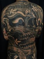 Tattoo by Soren Sangkuhl #SorenSangkuhl #japanese #neojapanese #kapala #tibetan #skull #mapleleaves