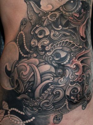 Tattoo by Soren Sangkuhl #SorenSangkuhl #japanese #neojapanese #boar #hog #tibetan #jewels #gems #pearls #fire #filigree #deity