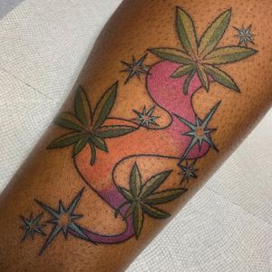 Weed tattoo by Lindsee Bee #LindseeBee #psychedelictattoo #psychedelic #surreal #trippy #strange #acid #lsd #mushrooms #weed #stars 