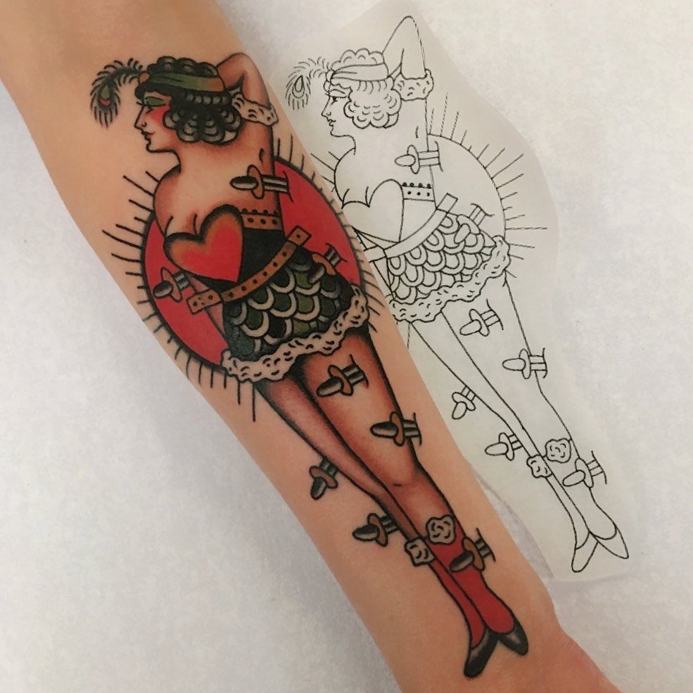 Traditional pinup tattoo on the tricep