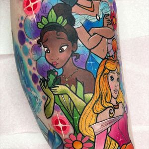 Disney Princess tattoo by Hannah Mai Tattoo #HannahMai #HannahMaitattoo #disneyprincess #princess #sleepyingbeauty #jasmine #Tiana #disneytattoo #disney #waltdisney
