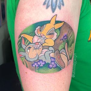 Bambi tattoo by tattoosbyjaclyn #tattoosbyjaclyn #bambi #thumper #flowers #bunny #rabbit #disneytattoo #disney #waltdisney