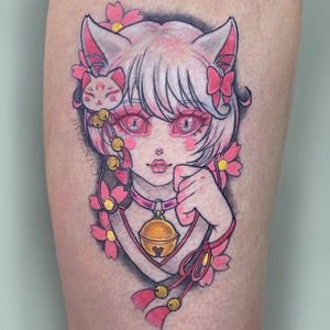 Anime tattoo by Cat No Name #CatNoName #CatRivera #anime #otaku #manga #illustrative #pastelgore #comic #portrait #cat #neko #bell #cherryblossom