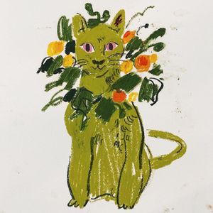 Oil pastel tattoo flash by Gong Greem #GongGreem #oilpastel #painterly #watercolor #color #floral #flower #nature #plant #cat