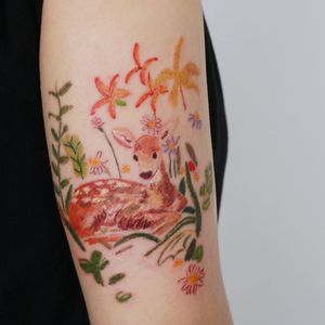 Oil pastel tattoo by Gong Greem #GongGreem #oilpastel #painterly #watercolor #color #floral #flower #nature #plant #deer #animal #doe