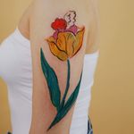 Oil pastel tattoo by Gong Greem #GongGreem #oilpastel #painterly #watercolor #color #floral #flower #nature #plant #tulip #angel #cherub #babyangel