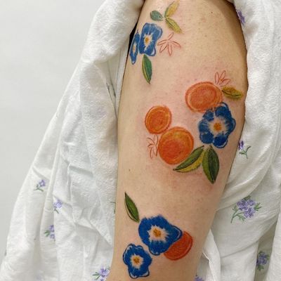 Oil pastel tattoo by Gong Greem #GongGreem #oilpastel #painterly #watercolor #color #floral #flower #nature #plant #orange #fruit