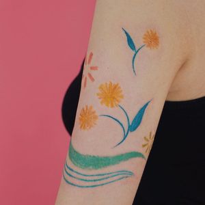 Oil pastel tattoo by Gong Greem #GongGreem #oilpastel #painterly #watercolor #color #floral #flower #nature #plant #abstract #shapes #sun #water