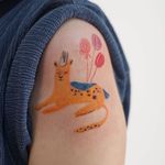 Oil pastel tattoo by Gong Greem #GongGreem #oilpastel #painterly #watercolor #color #plant #cat #kitty #leopard #balloons #crown