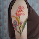 Oil pastel tattoo by Gong Greem #GongGreem #oilpastel #painterly #watercolor #color #floral #flower #nature #plant #iris