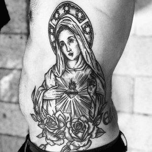 Tattoo by Luke Wessman #LukeWessman #SummertownInn #virginmary #roses #illustrative #religious #catholic #sacredheart