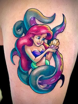Little Mermaid tattoo by Chris Morris #ChrisMorris #newschool #colorful #disney #littlemermaid #ursula #pearl #shell #animation