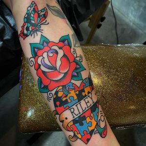 Tattoo uploaded by Justine Morrow • Autism tattoo by Bruce Chung  #BruceChung #autismtattoo #puzzlepiece #traditional #heart #rose #butterfly  #banner #name • Tattoodo