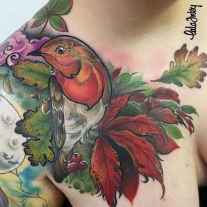 Nature tattoo by Lala Inky #LalaInky #nature #bird #leaves #feathers #neotraditional #color #shoulder