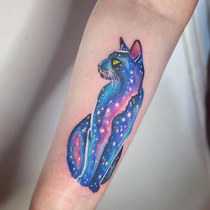 Celestial cat tattoo by Aubrey aka thespectrumartist #aubrey #thespectrumartist #cat #galaxy #stars #colorful 