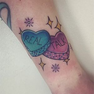 Candy heart tattoo by Aubrey aka thespectrumartist #aubrey #thespectrumartist #heart #candyheart #realtalk #sparkle #glitter #pink #blue