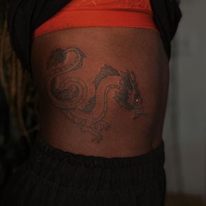 Illustrative tattoo by Nicolas Trotman aka Nick Trotman #NicolasTrotman #NickTrotman #illustrative #blackandgrey #dragon #mythicalcreature #japaneseinspired #tattoosondarkskin #darkskintattoos #queertattooer #lgbtqia #bipoc #qttr #lgbt #qtbipoc