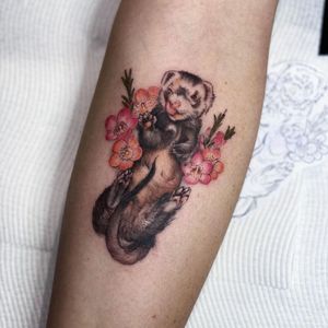 Ferret tattoo by dlouisetattoo #dlouisetattoo #ferret #flower #floral #animal #nature #cute