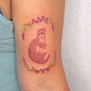 Ferret tattoo by astroblu tattoo #astroblutattoo #ferrettattoo #ferret #flowers #animal #nature #cute #illustrative