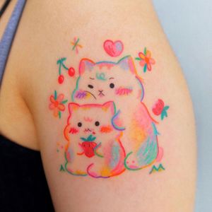 Hamster and cat tattoo by sisi.lovelove #sisilovelove #hamster #cat #animal #love #strawberry #cherry #flower #floral #cute