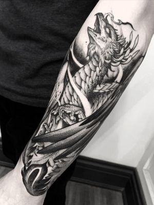 Illustrative tattoo by Gale Shapira aka Bloodwraith #GaleShapira #Bloodwraith #Illustrative #darkart #horror #blackwork #phoenix #bird #wings #mythologicalcreature