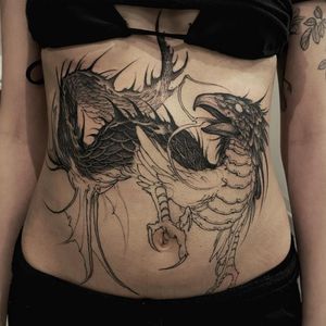 Illustrative tattoo by Gale Shapira aka Bloodwraith #GaleShapira #Bloodwraith #Illustrative #darkart #horror #blackwork #wip #harpy #eagle #serpent #creature #mythologicalcreature #stomach