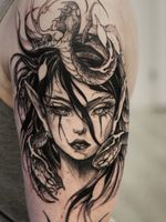Illustrative tattoo by Gale Shapira aka Bloodwraith #GaleShapira #Bloodwraith #Illustrative #darkart #horror #blackwork #portrait #lady #snake #serpent #elf #creature #demon