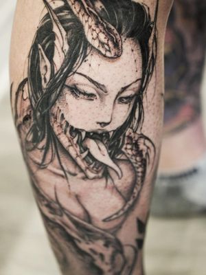 Illustrative tattoo by Gale Shapira aka Bloodwraith #GaleShapira #Bloodwraith #Illustrative #darkart #horror #blackwork #portrait #snake #serpent #demon