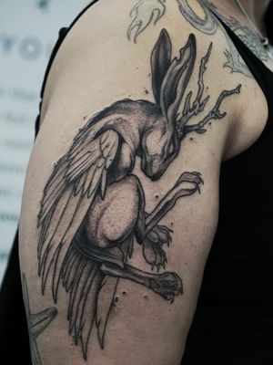 Illustrative tattoo by Gale Shapira aka Bloodwraith #GaleShapira #Bloodwraith #Illustrative #darkart #horror #blackwork #rabbit #bunny #hare #jackrabbit #jackalope #wings