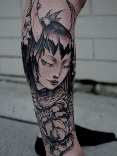 Illustrative tattoo by Gale Shapira aka Bloodwraith #GaleShapira #Bloodwraith #Illustrative #darkart #horror #blackwork #portrait #demon #yokai #peony #nureonna 