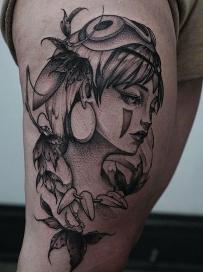 Illustrative tattoo by Gale Shapira aka Bloodwraith #GaleShapira #Bloodwraith #Illustrative #darkart #horror #blackwork #princessmononoke #studioghibli