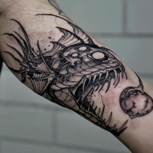 Illustrative tattoo by Gale Shapira aka Bloodwraith #GaleShapira #Bloodwraith #Illustrative #darkart #horror #blackwork #angler #anglerfish #fish #oceanlife #animal 