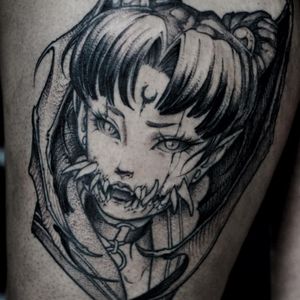 Illustrative tattoo by Gale Shapira aka Bloodwraith #GaleShapira #Bloodwraith #Illustrative #darkart #horror #blackwork #sailormoon #evillady #darklady #portrait #demon
