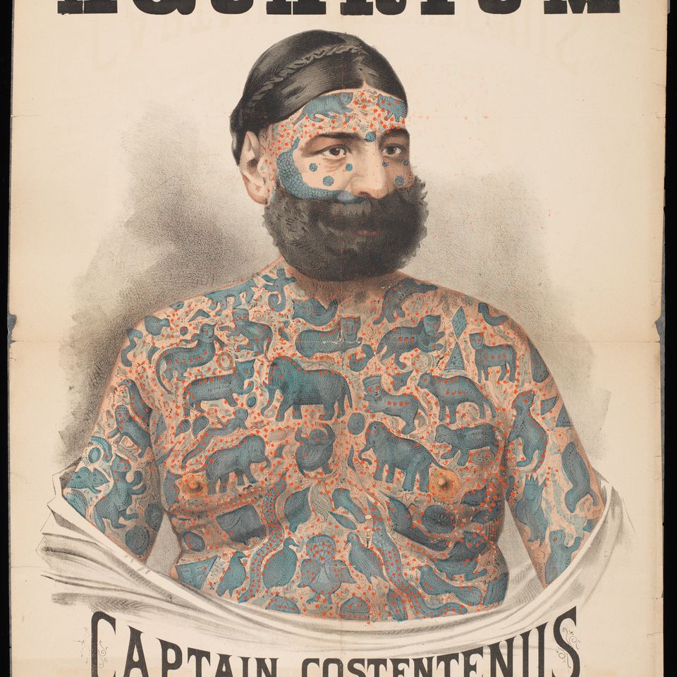 A poster advertising a tattooed performer at the Royal Aquarium, London #victoriantattoos #freakshows #oddities #circustattoos