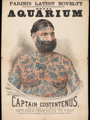 A poster advertising a tattooed performer at the Royal Aquarium, London #victoriantattoos #freakshows #oddities #circustattoos