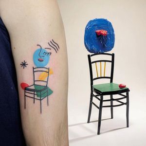 Illustrative tattoo by Yannick NorY aka YNY aka Les Niaiseries #YannickNorY #LesNiaiseries #illustrative #linework #abstract #expressive #symbolism #joanmiro #fineart #sculpture #chair #face
