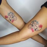Illustrative tattoo by Yannick NorY aka YNY aka Les Niaiseries #YannickNorY #LesNiaiseries #illustrative #linework #abstract #expressive #symbolism #matchingtattoo #elephant #monkey #animal #hug #love #leaves