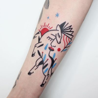 Illustrative tattoo by Yannick NorY aka YNY aka Les Niaiseries #YannickNorY #LesNiaiseries #illustrative #linework #abstract #expressive #symbolism #deer #horse #portrait #sun #leaves