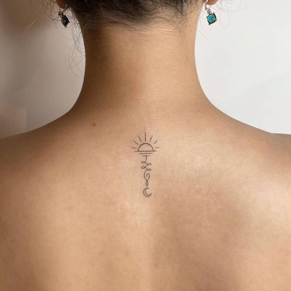 Unalome sun tattoo by an unknown artist. Email hello@tattoodo.com for credit!! #unalome #sun #minimal #simple #small #buddhism #symbol