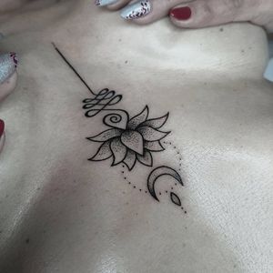 Unalome tattoo by federica.tattoo #federicatattoo #unalome #buddhist #lotus #moon #Linework #dotwork #flower #floral #sternum #buddhism #symbol