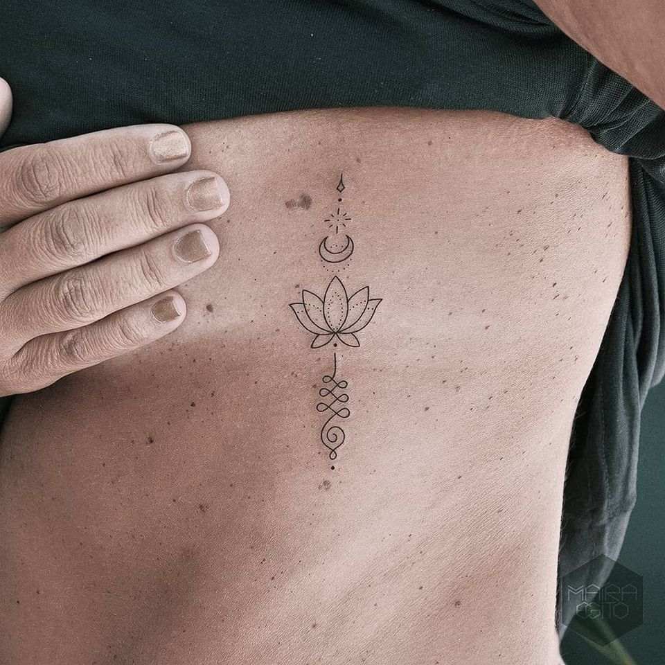 Unalome tattoo by Maira Egito #Mairaegito #unalome #lotus #moon #fineline #ribs #buddhism #buddhist #symbol