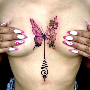 Butterfly and unalome tattoo by firstorder.vinkson #firstordervinkson #unalome #butterfly #floral #flower #nature #wings #sternum #buddhist #buddhism #symbol