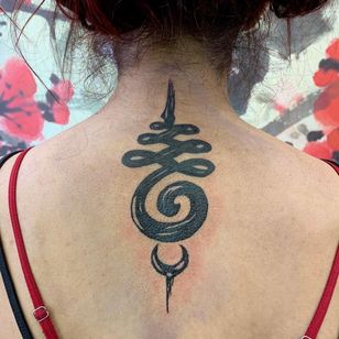Unalome tattoo by paulwilliamstattoo #paulwilliams #unalome #buddhism #buddhist #symbol #blackwork #brushstroke