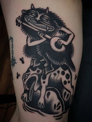 Tattoo by Sven Anholt #SvenAnholt #Anholttattoo #demon #darkart #illustrative #oldschool #blackwork #frog #banjo #flies #funny